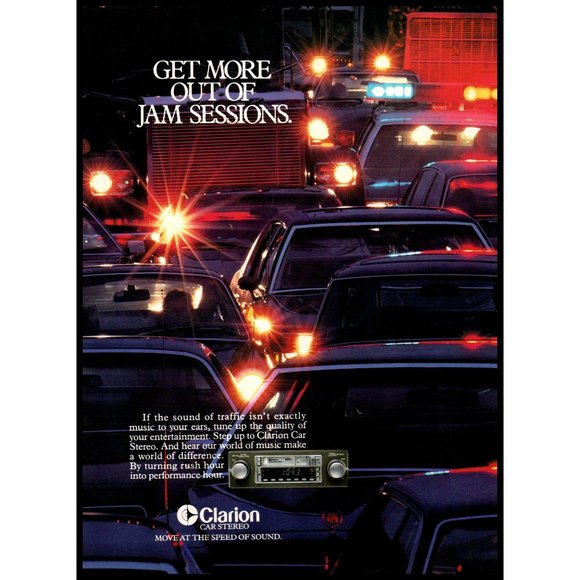 1983 Clarion Car Audio Stereo Vintage Print Ad Rush Hour Traffic Jam Wall Art - Picture 1 of 1